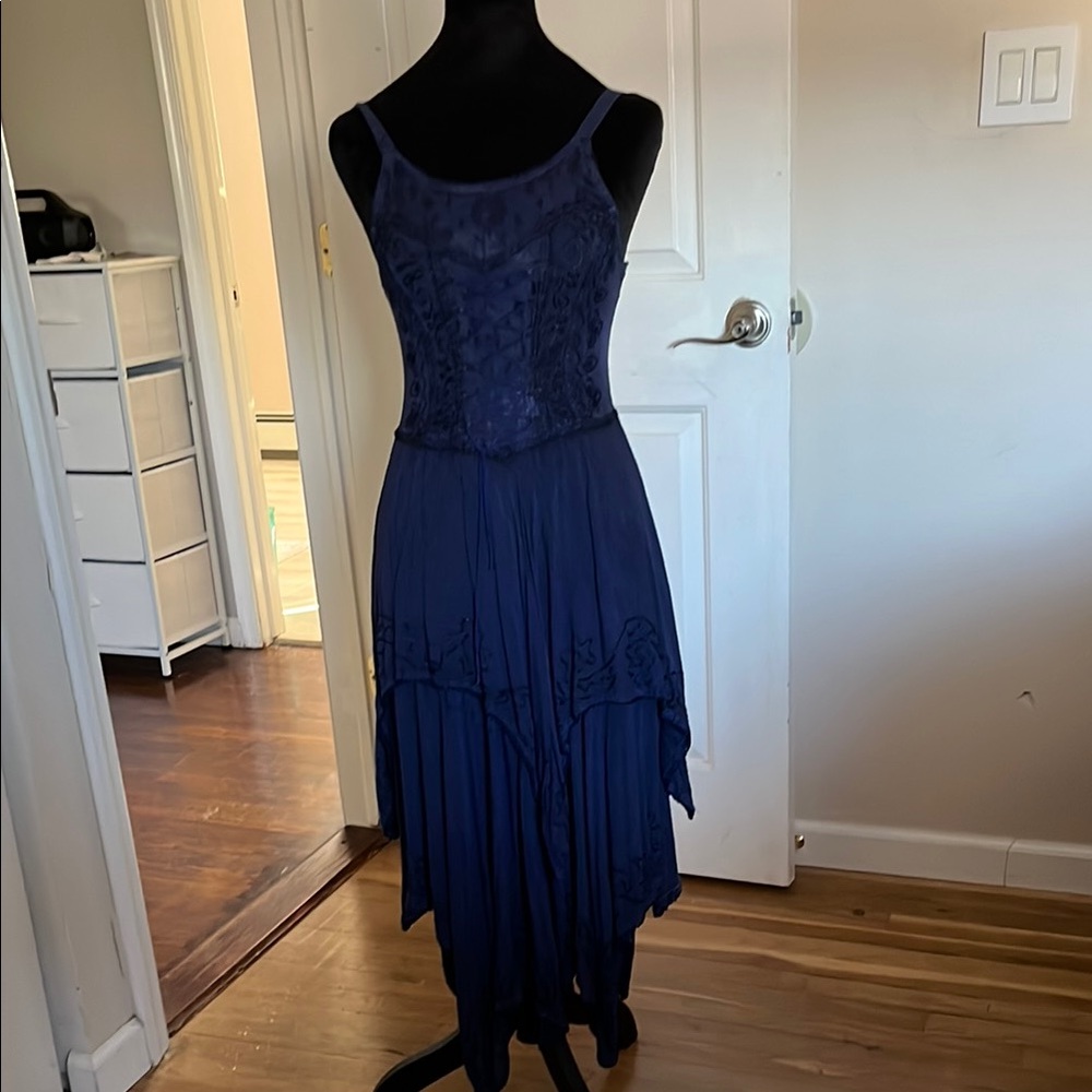 Blue Asymmetrical Ruffled Tiered Sundress